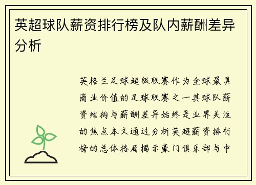 英超球队薪资排行榜及队内薪酬差异分析